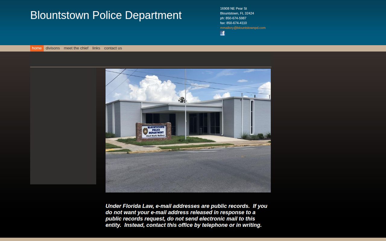 Blountstown Police Department arrest records contact page in Calhoun County