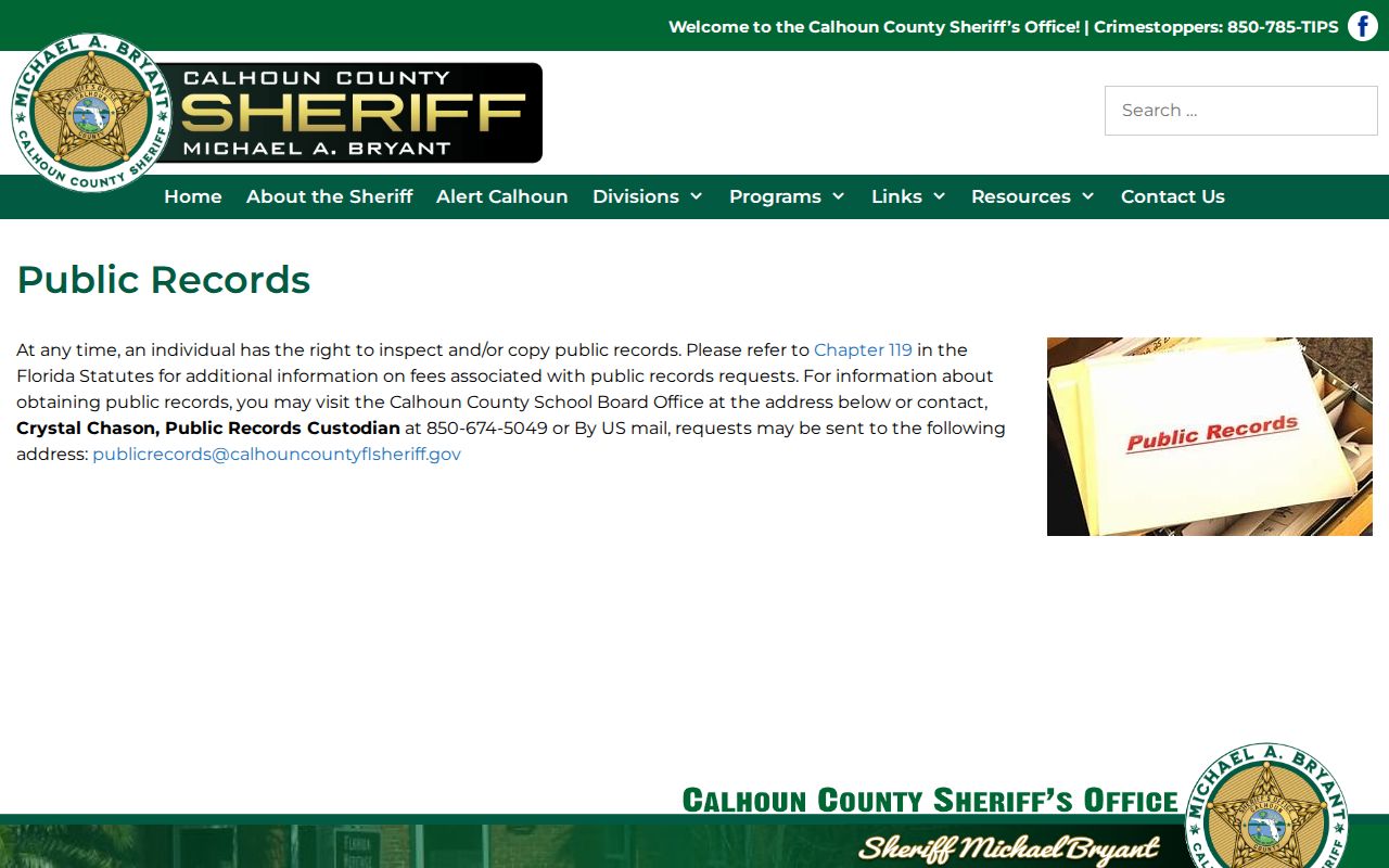 Calhoun County Sheriff's Office booking record request page