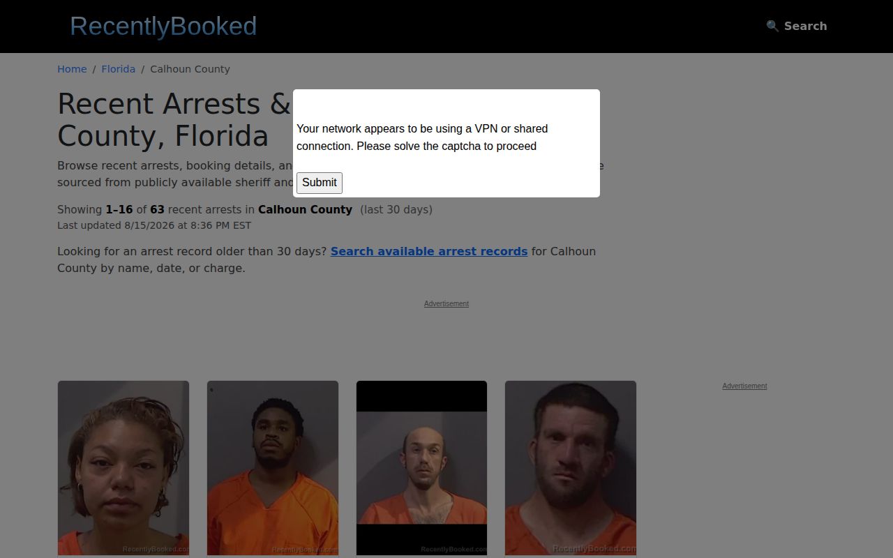 Unofficial RecentlyBooked Calhoun County mugshot archive interface