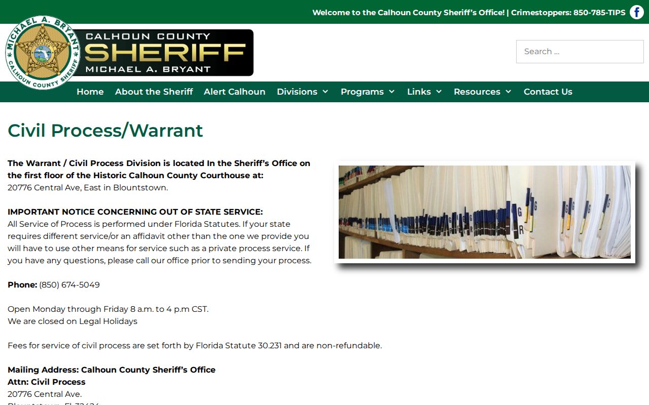 Calhoun County warrant office contact page for official warrant checks