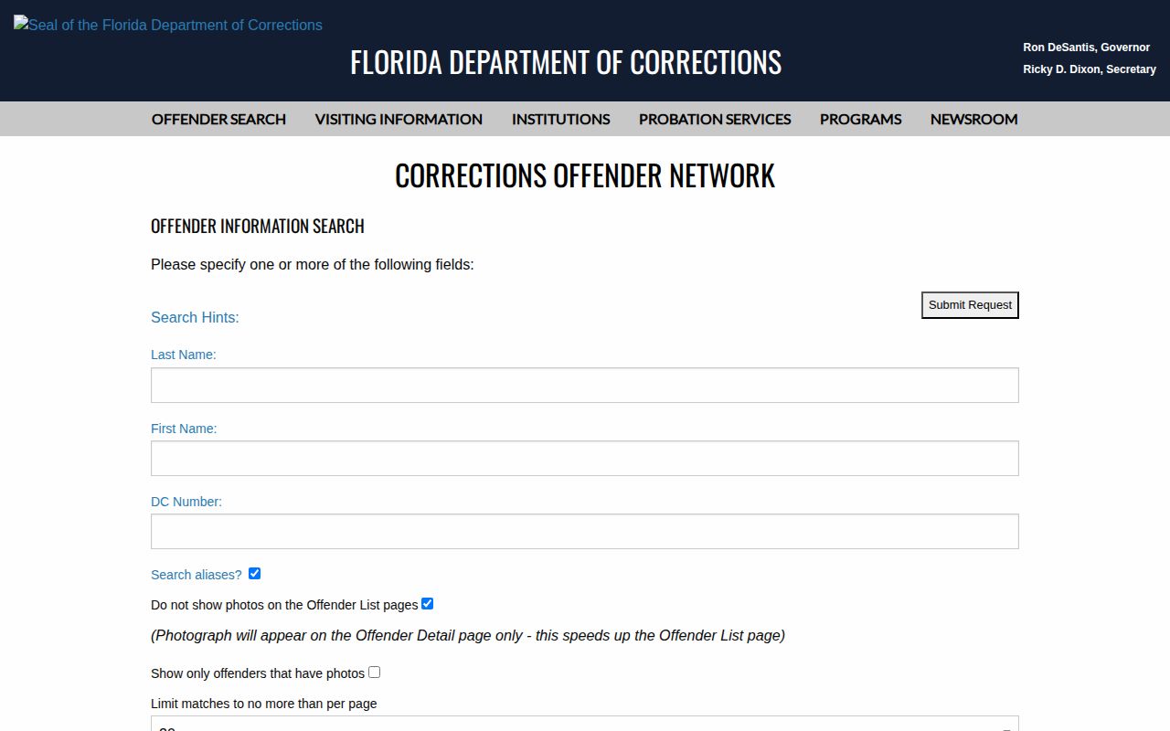 Florida Department of Corrections search for Calhoun County offender records